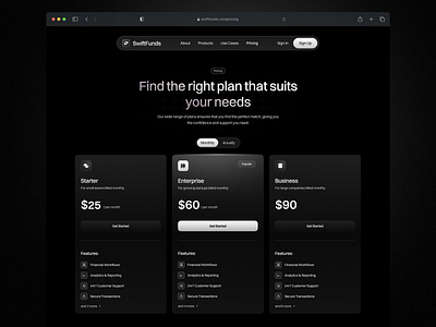 Pricing page for SaaS Fintech Landing Page clean dark mode design finance finance platform fintech fintech platform landing page plans price pricing pricing page product design saas ui ux website