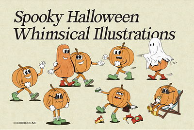 Retro Whimsical Characters for Halloween character illustration halloween pumpkin pumpkin illustration retro posters whimsical