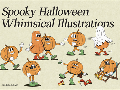 Retro Whimsical Characters for Halloween character illustration halloween pumpkin pumpkin illustration retro posters whimsical