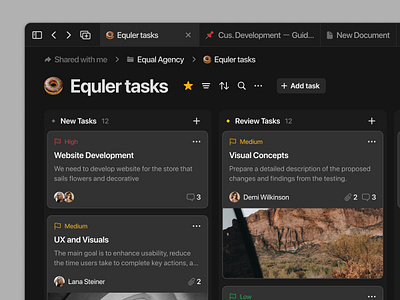 Task Management App. Board View board view bread crumbs cards click up dark mode design desktop app drag and drop navigation notion priority product design table task task management trello ui ux web app web design