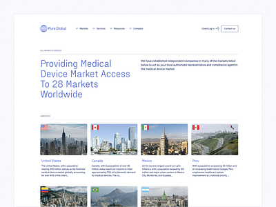 Pure Global — Markets Served about cards design desktop grid header health healthcare hero list markets med medtech navbar product design tiles ui ux web website