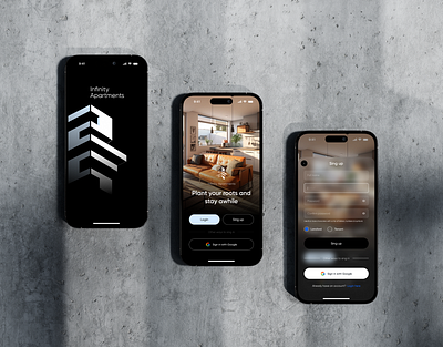 Infinity Apartments: Sleek and Convenient Housing App apartment appdesign appdevelopment concrete dribbbleweeklywarmup fintech flatdesig housing iphone logindesign minimaldesign mobileapp realestate ui uidesign uxui