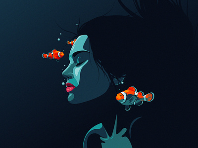 "Amphiprion Ocellaris" - Daily art, NFT art adobe illustrator blue clown fish contrast daily art deep blue fish flat design illustration ocean orange portrait red stylized vector vector illustration water woman