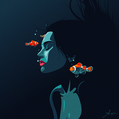 "Amphiprion Ocellaris" - Daily art, NFT art adobe illustrator blue clown fish contrast daily art deep blue fish flat design illustration ocean orange portrait red stylized vector vector illustration water woman