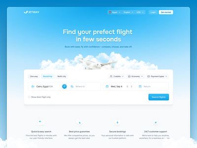 Find your perfect flight in few seconds airplane blue clouds design flight jet landing page sky ticket travel ui web website