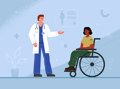 Disabled military woman at a doctor's appointment appointment disabled doctor ill illustration military recovery rehabilitation vector wheelchair woman