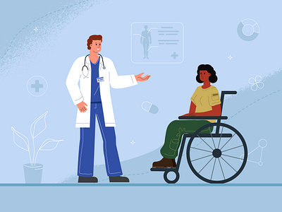 Disabled military woman at a doctor's appointment appointment disabled doctor ill illustration military recovery rehabilitation vector wheelchair woman