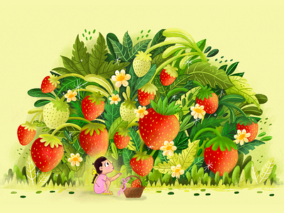 Strawberry Picking🍓🌸 character characters childrensbook childrensbookillustration flowers fruits green illustration leaves plants strawberry strawberrypicking whimsical