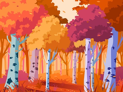 Fall illustration art autumn birch color palette design fall flat design flat illustration graphic design illustration inkscape leaves poster trees vivid colors wallpaper warm warm colors water reflection