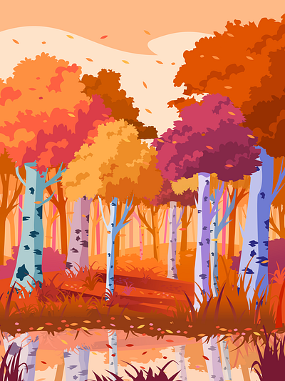 Fall illustration art autumn birch color palette design fall flat design flat illustration graphic design illustration inkscape leaves poster trees vivid colors wallpaper warm warm colors water reflection