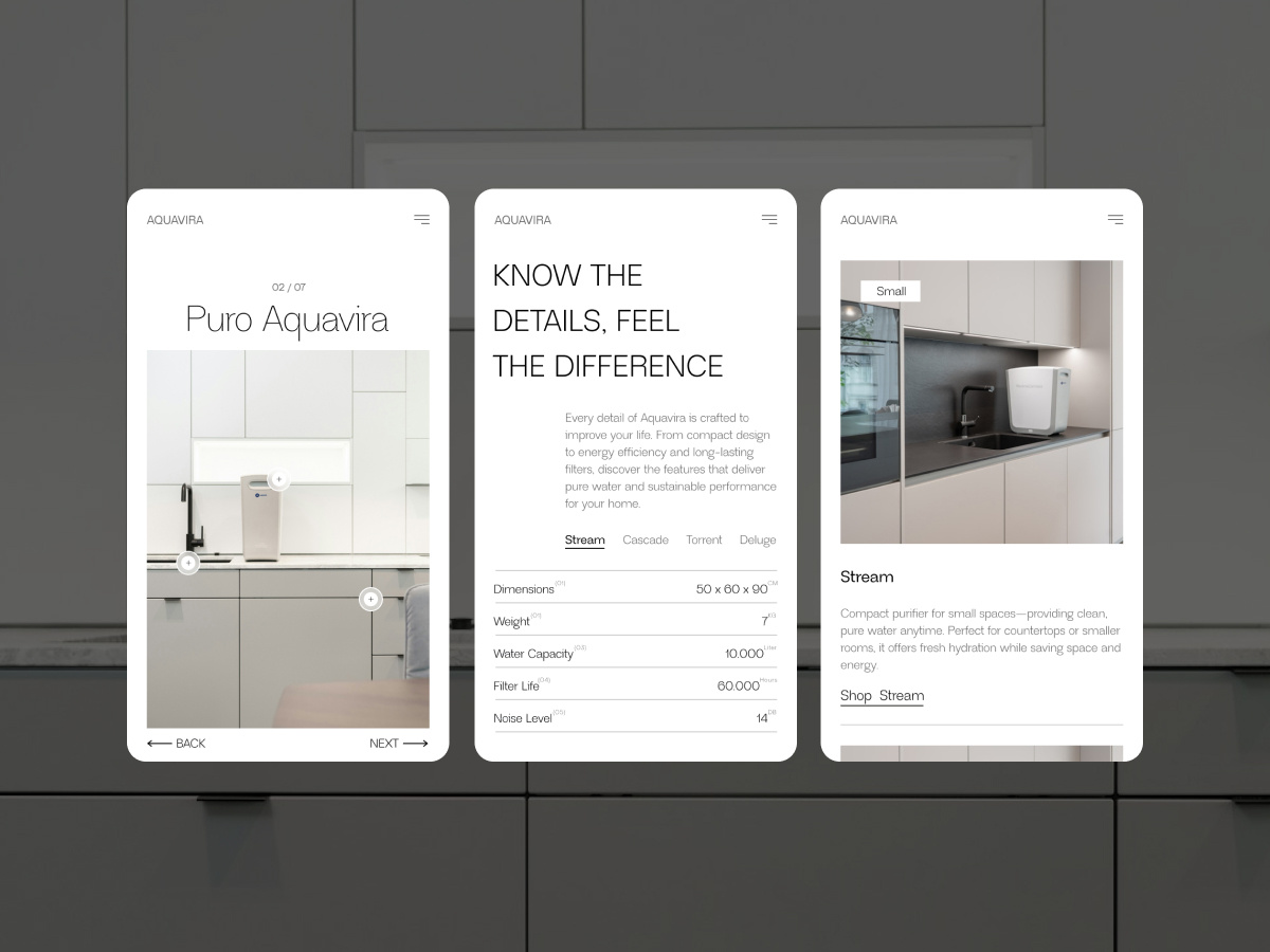 Water Purifier Mobile UI Design clean concept design golden canon grid grid layout minimal mobile purifier ui water purifier webdesign website