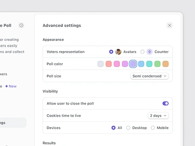 Simple Poll - Advanced settings colors dashboard dialog form interface modal popup property radiobutton settings webapp