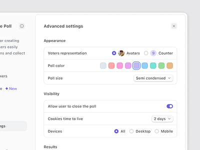 Simple Poll - Advanced settings colors dashboard dialog form interface modal popup property radiobutton settings webapp