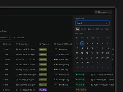 Date Picker [Order Management] calendar calendar picker dark mode date date picker date picker component date picker components date picker ui date pickers date time picker datepicker datepicker designs datepickers dropdown figma date picker financial intuitive interface modals range time pickers