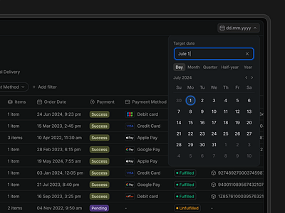 Date Picker [Order Management] calendar calendar picker dark mode date date picker date picker component date picker components date picker ui date pickers date time picker datepicker datepicker designs datepickers dropdown figma date picker financial intuitive interface modals range time pickers