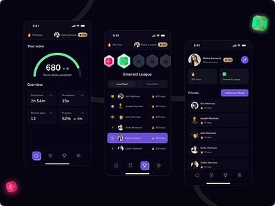 🔥 Focus & Productivity App UI Design clean design dark theme duolingo friends list gamification gamified leaderboard league mobile app nunito productivity app screen time streak ui ux