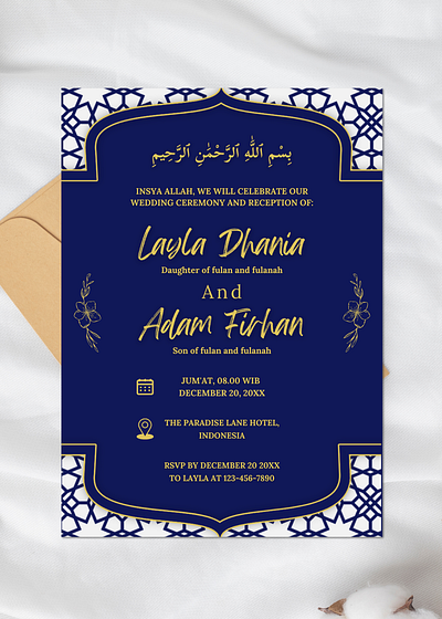 Elegance in Navy Blue and Gold Wedding Invitation Template elegant gold graphic design islamic wedding card muslim navy blue template walimah