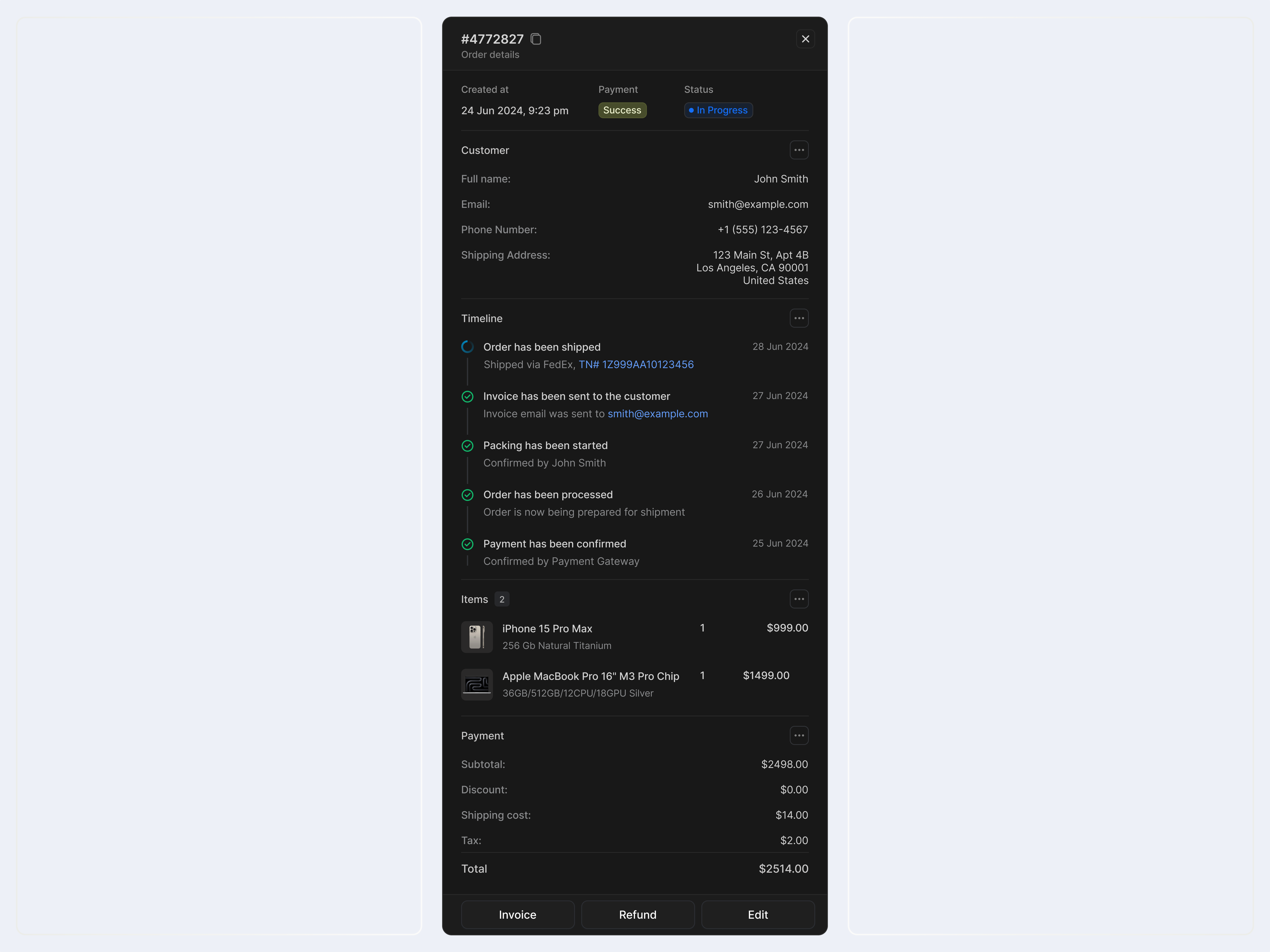 Detail Panel design admin admin dashboard admin order admin panel components customer customer order detail panel information panel invoice items order details order history order management order summary template payment payment details timeline user details user info