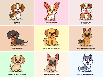 Dog Breeds🐩🦮🐕‍🦺 alaskan animals beagle branding bulldog cartoon character chihuahua cute dog dog breeds doodle family flat icon illustration logo malamute pet puppy