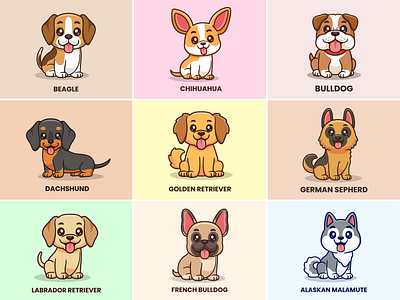 Dog Breeds🐩🦮🐕‍🦺 alaskan animals beagle branding bulldog cartoon character chihuahua cute dog dog breeds doodle family flat icon illustration logo malamute pet puppy