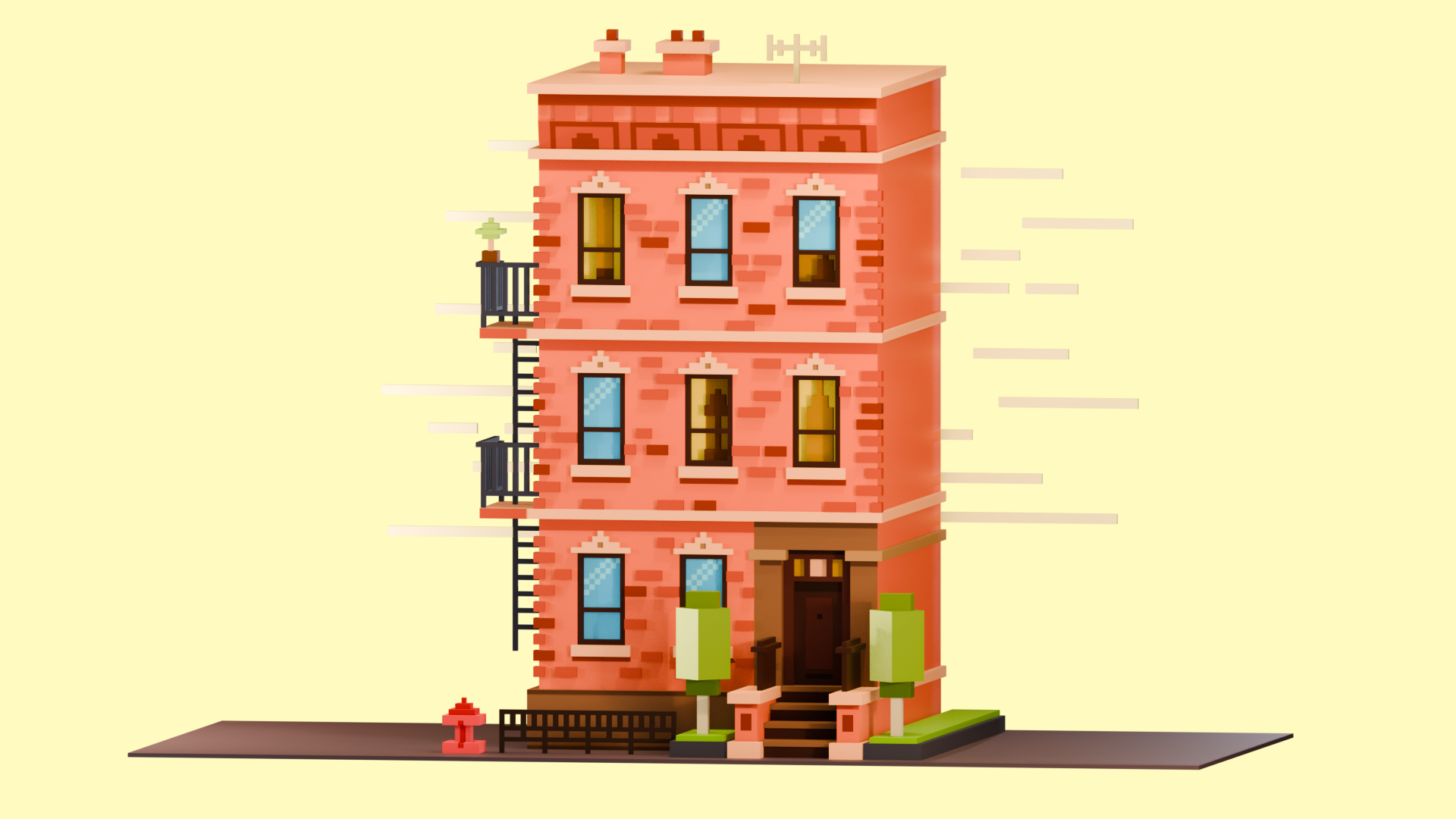 Townhouse 3D Illustration 3d afternoon blender building clouds day eevee exterior illustration ladder outside scene townhouse tree windows