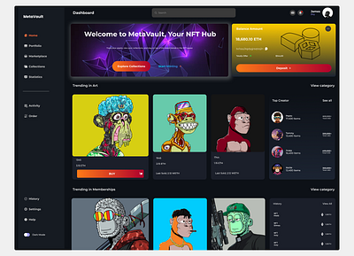 MetaVault – NFT Dashboard blockchain figma nft nft art nft dashboard nft design ui user experience user inter user interface user research ux web web design web3