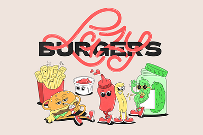 Lazy Burgers branding burgers cartoon character design design graphic design identity illustration lettering logo typography visual identity