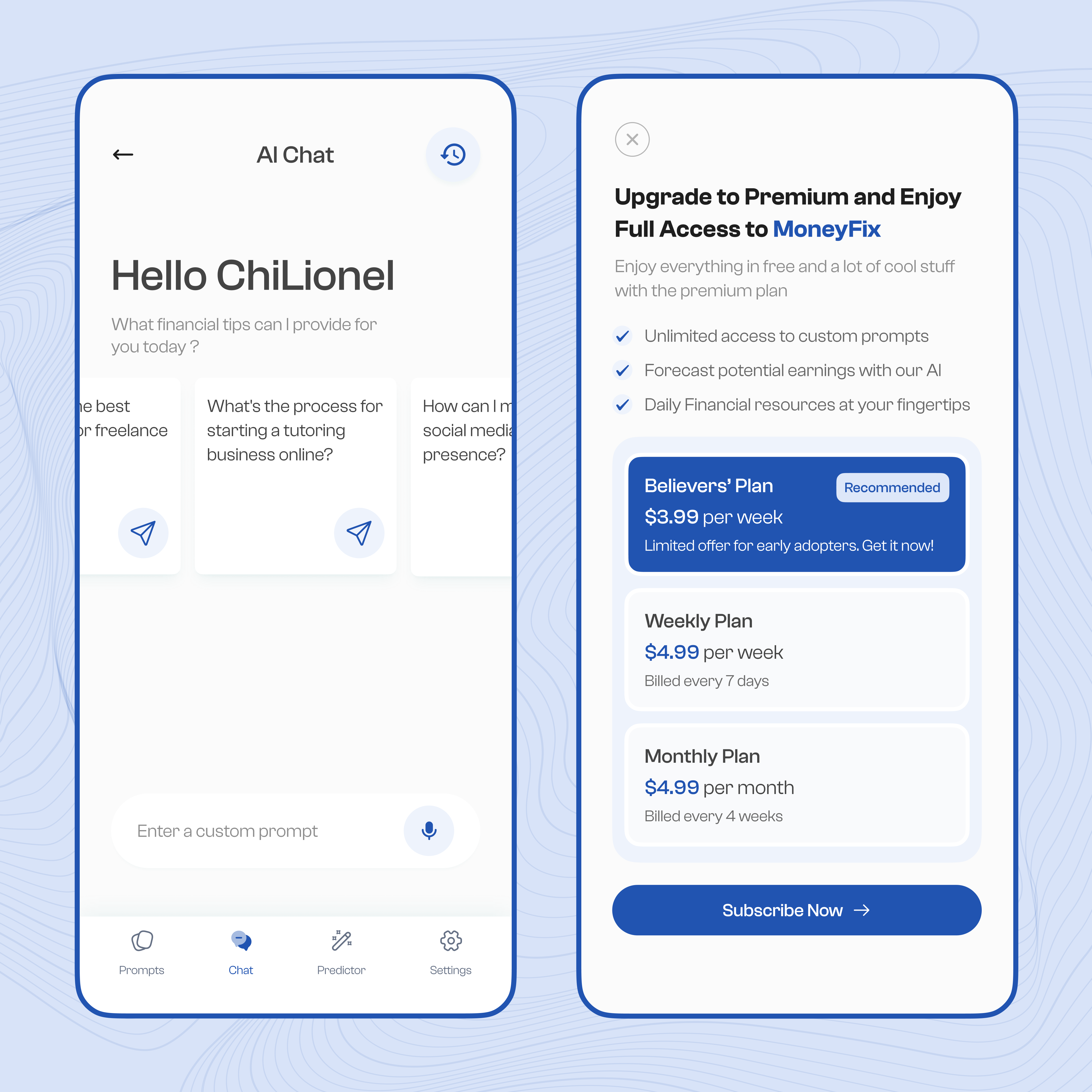 MoneyFix - AI Financial Chat App + Pricing. ai figma mobile ui design