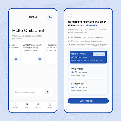 MoneyFix - AI Financial Chat App + Pricing. ai figma mobile ui design