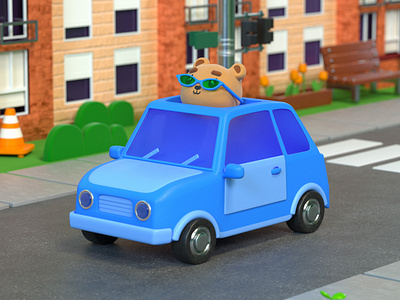 Joyride 3d illustration 3d rendering blender car branding cg design character design cinema 4d environment design spline teddy bear animal vehicle visualization womp