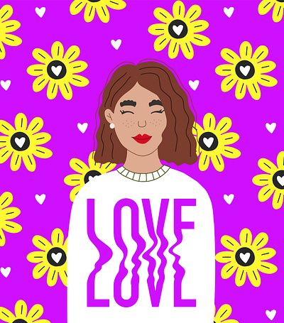 Psychedelic girl portrait bright crazy daisy design fashion girl handlettering illustration lettering love neon colors print psychedelic purple woman youth