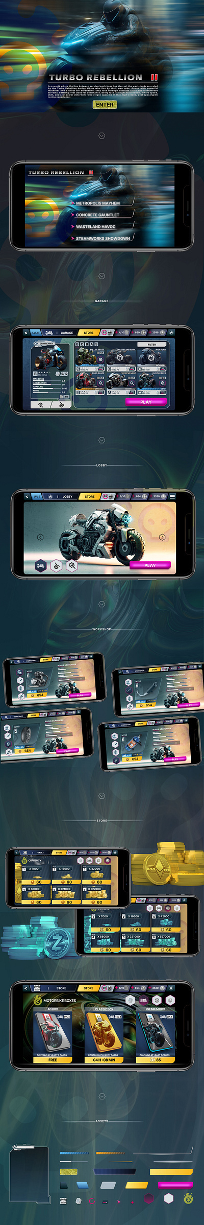 Throttle Up! UI Designs for a Dystopian Ride appdesign gameinterface gameui gamingui graphic design highfidelitymockup mobilegamedesign motorbikegame postapocalyptic ui uidesign uxdesign