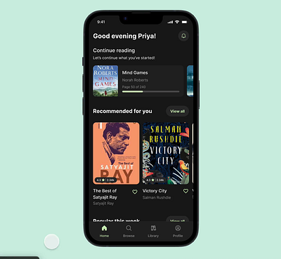 Book Reading App (BookNest) app design appdesign bookapp clean ui dark theme human interaction design interaction design search spotify swiggy ui design ux