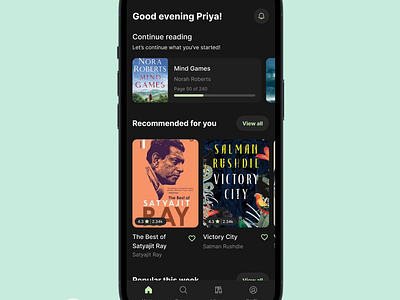 Book Reading App (BookNest) app design appdesign bookapp clean ui dark theme human interaction design interaction design search spotify swiggy ui design ux