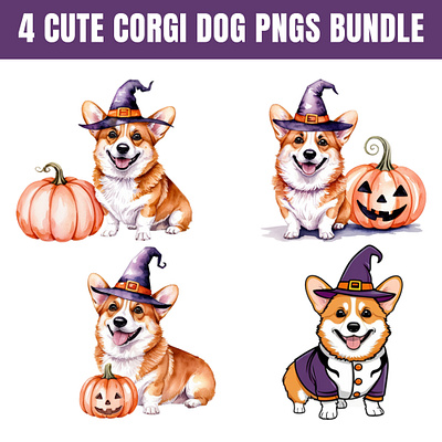 Corgi Dog with Halloween Hat Designs PNG Bundles festive