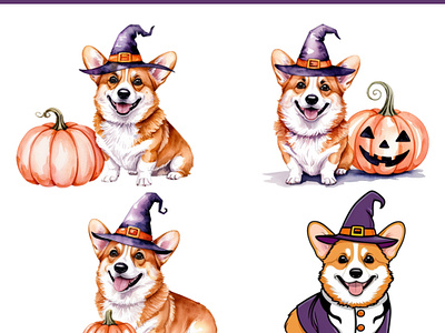 Corgi Dog with Halloween Hat Designs PNG Bundles festive