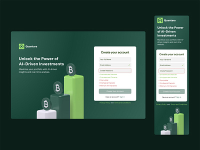 UI Challenge Day 1: Responsive Sign-Up Page - Quantara cypto dribbble financial service fintech fintechui green investment signup ui uidesign userinterface