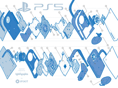 PS5 Exploded View adobe illustrator assembly blueprints diy exploded view fix yourself gamer gaming ifixit instructional design isometric isometric design play station ps5 sony systematic design technical drawing technical graphics technical illustration vector graphics