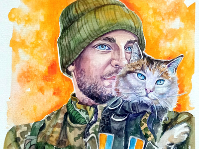 Original watercolor Ukrainian painting, Cat and Soldier, War art cat hand painted handmade paint painting soldier ukraine war