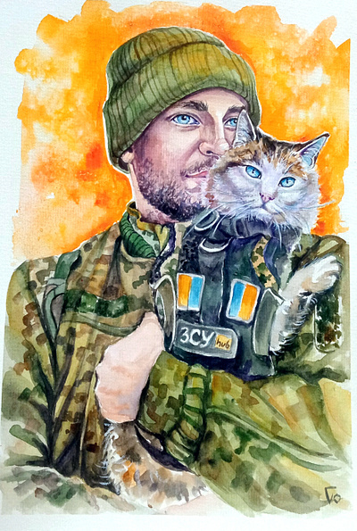 Original watercolor Ukrainian painting, Cat and Soldier, War art cat hand painted handmade paint painting soldier ukraine war