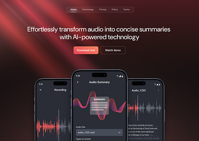 🎧 Audisum - AI-Powered Audio Summarizer Landing Page 🎧 ai appdesign audiosummarizer landingpage mobiledesign uidesign