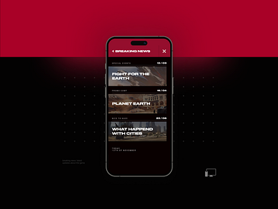 News page, Shatterline adv animation black branding design digital game interaction interface mobile news promo promo campaign red shatterline ui ux