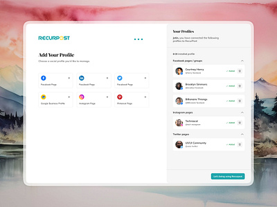 RecurPost - Profile Selection Onboarding Screen add profile connect social media designinspiration dribbble minimaldesign onboarding productdesign recurpost saas schedulingtool socialmediamanagement socialmediatool ui uiux ux webapp