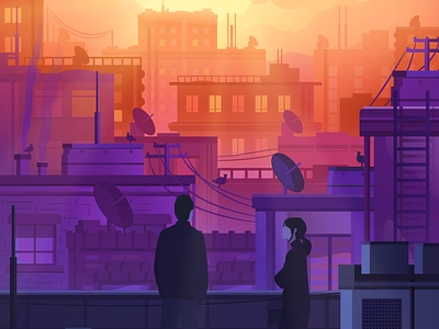 City sunrise illustration art buildings characters city design flat design flat illustration graphic design illustration inkscape morning poster rooftop skyline sun sunrise urban vivid colors wallpaper warm colors