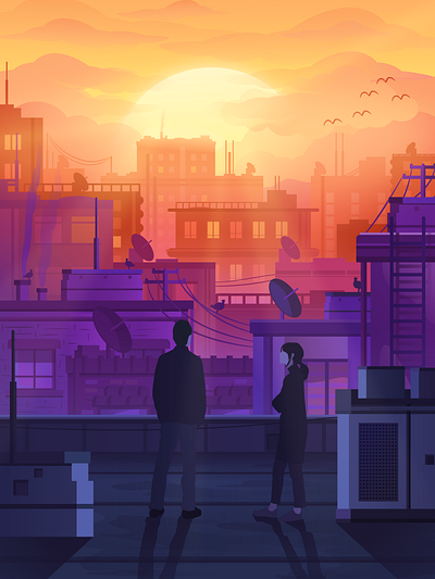 City sunrise illustration art buildings characters city design flat design flat illustration graphic design illustration inkscape morning poster rooftop skyline sun sunrise urban vivid colors wallpaper warm colors