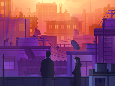 City sunrise illustration art buildings characters city design flat design flat illustration graphic design illustration inkscape morning poster rooftop skyline sun sunrise urban vivid colors wallpaper warm colors