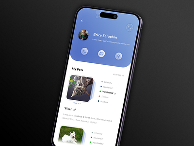 My Pets 😪 aanimals animaux de compagnies app application android ios brand branding cat design dog graphic design illustration illustrator ai iphone 15 mockup phone mail aposition adrdess gps photoshop psd senior icons print uix designer typo typography ui ux designer user profile westies