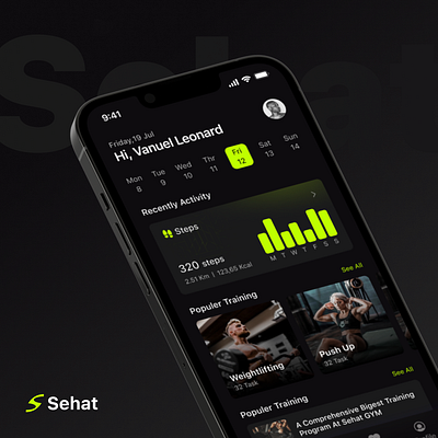 Sehat-Fitness Mobile App clean cool darkmode design fitness great gym mobile mobile app tracking ui uiux ux workout