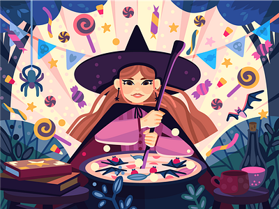 Witchcraft candy character color coloring book cute digital art forest girl halloween illustration sweets witch