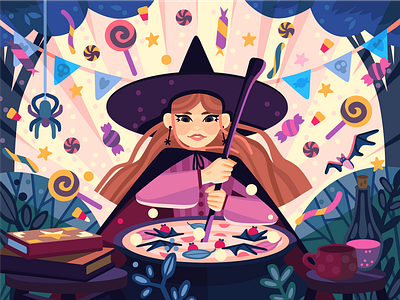 Witchcraft candy character color coloring book cute digital art forest girl halloween illustration sweets witch